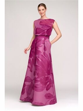 NWT Kay Unger Tess Floral Chiffon Dark Purple Ball Gown Formal Dress